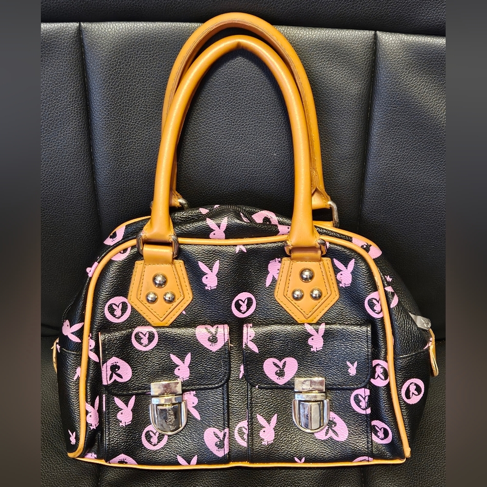 PLAYBOY Black and Pink Satchel with Tan Accents